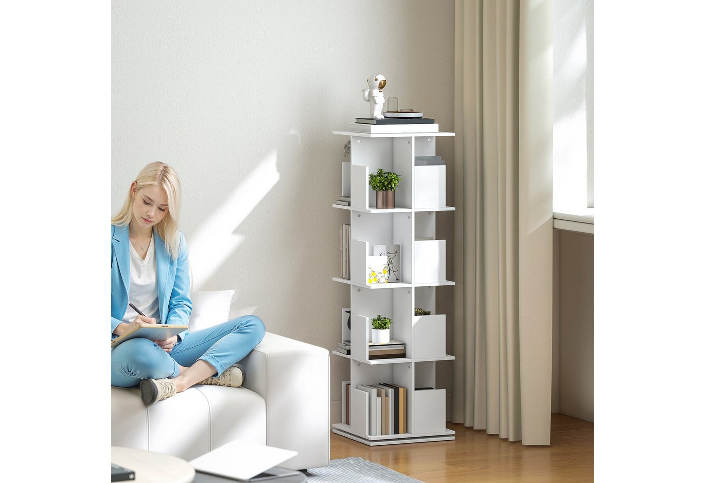 HOMCOM Bücherregal Dekoregal Regal 4 Ebenen, 16 Fächern für Schlafzimmer, Wohnzimmer, Standregale 1-tlg., 360° drehbare Basis, Weiß Bild 4