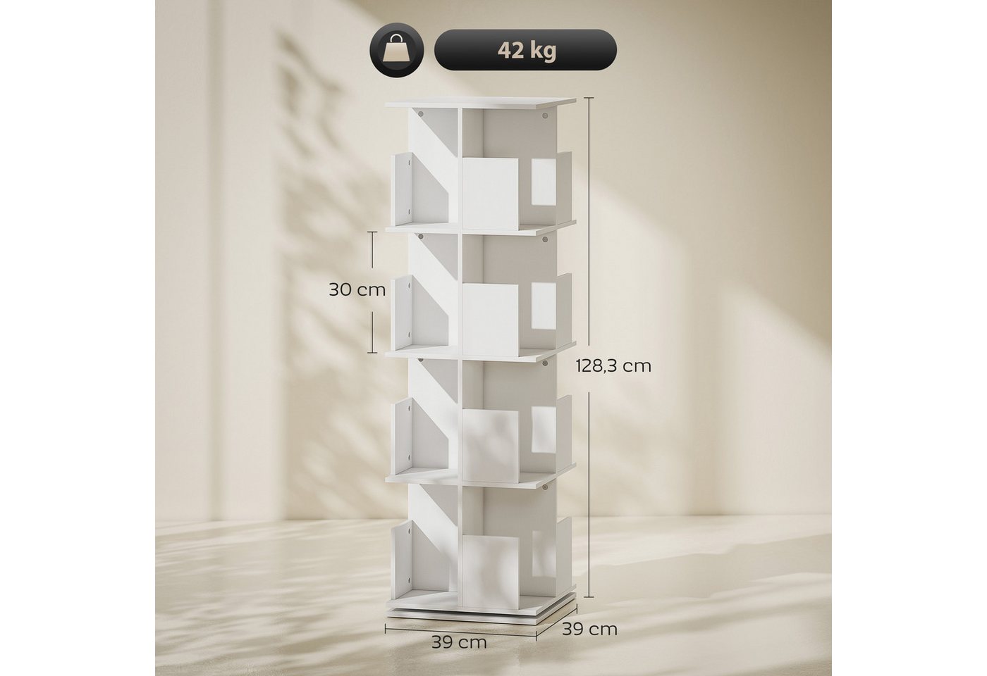 HOMCOM Bücherregal Dekoregal Regal 4 Ebenen, 16 Fächern für Schlafzimmer, Wohnzimmer, Standregale 1-tlg., 360° drehbare Basis, Weiß Bild 5