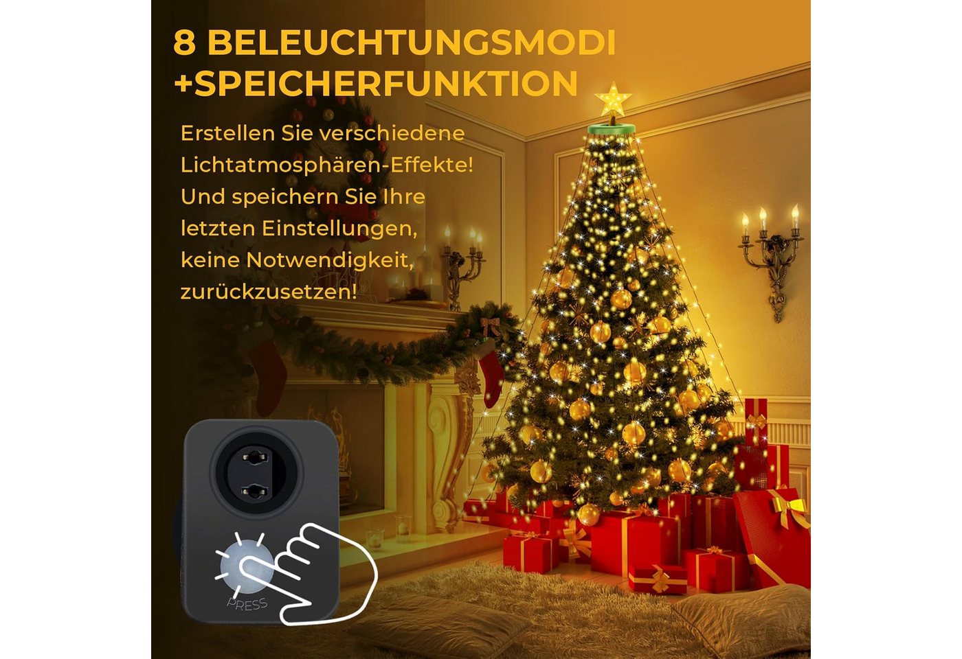 SERBASIC Lichterkette Christbaumbeleuchtung mit Ring und Stern, 2M/3M, 8 Modi,Timer, Warmweiß LEDs Lichterkette Überwurf für Inne&Außen Weihnachtsbaum
