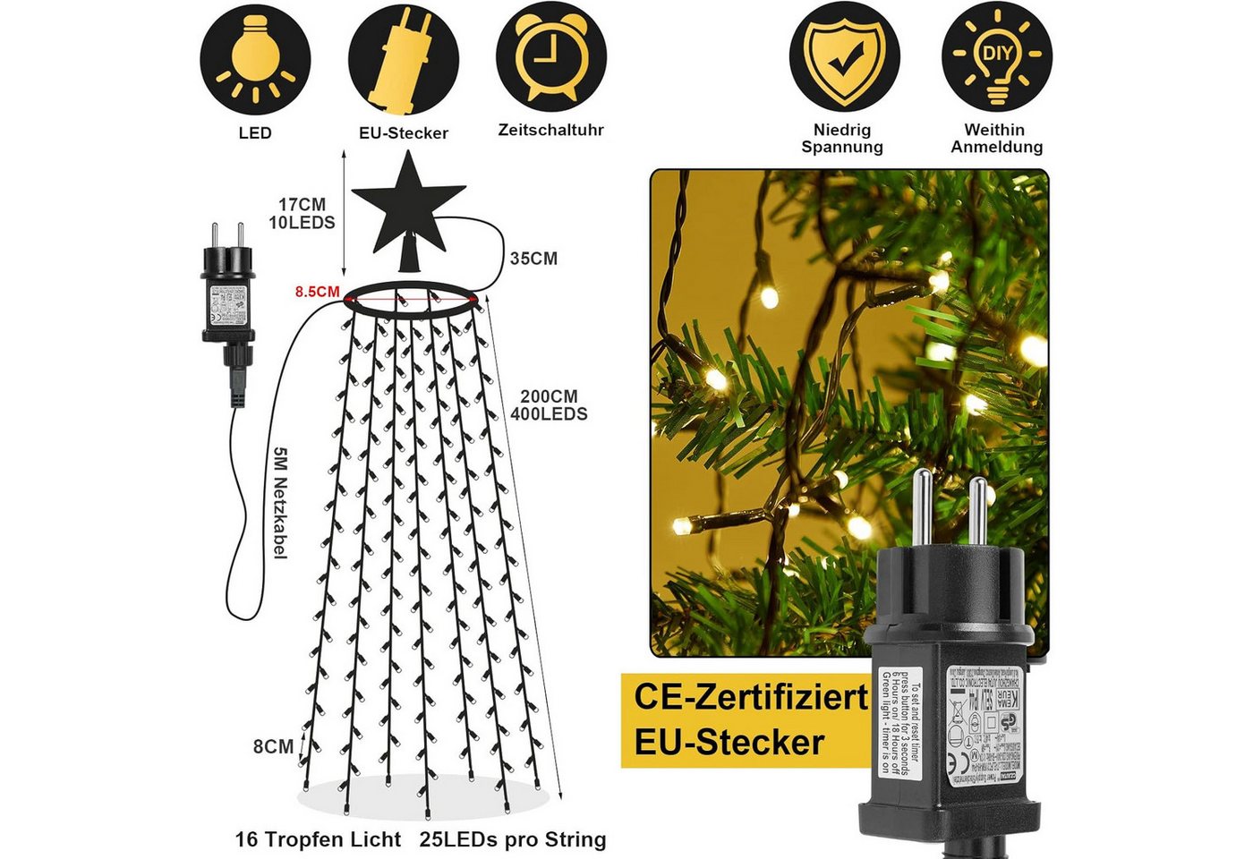 SERBASIC Lichterkette Christbaumbeleuchtung mit Ring und Stern, 2M/3M, 8 Modi,Timer, Warmweiß LEDs Lichterkette Überwurf für Inne&Außen Weihnachtsbaum Bild 2