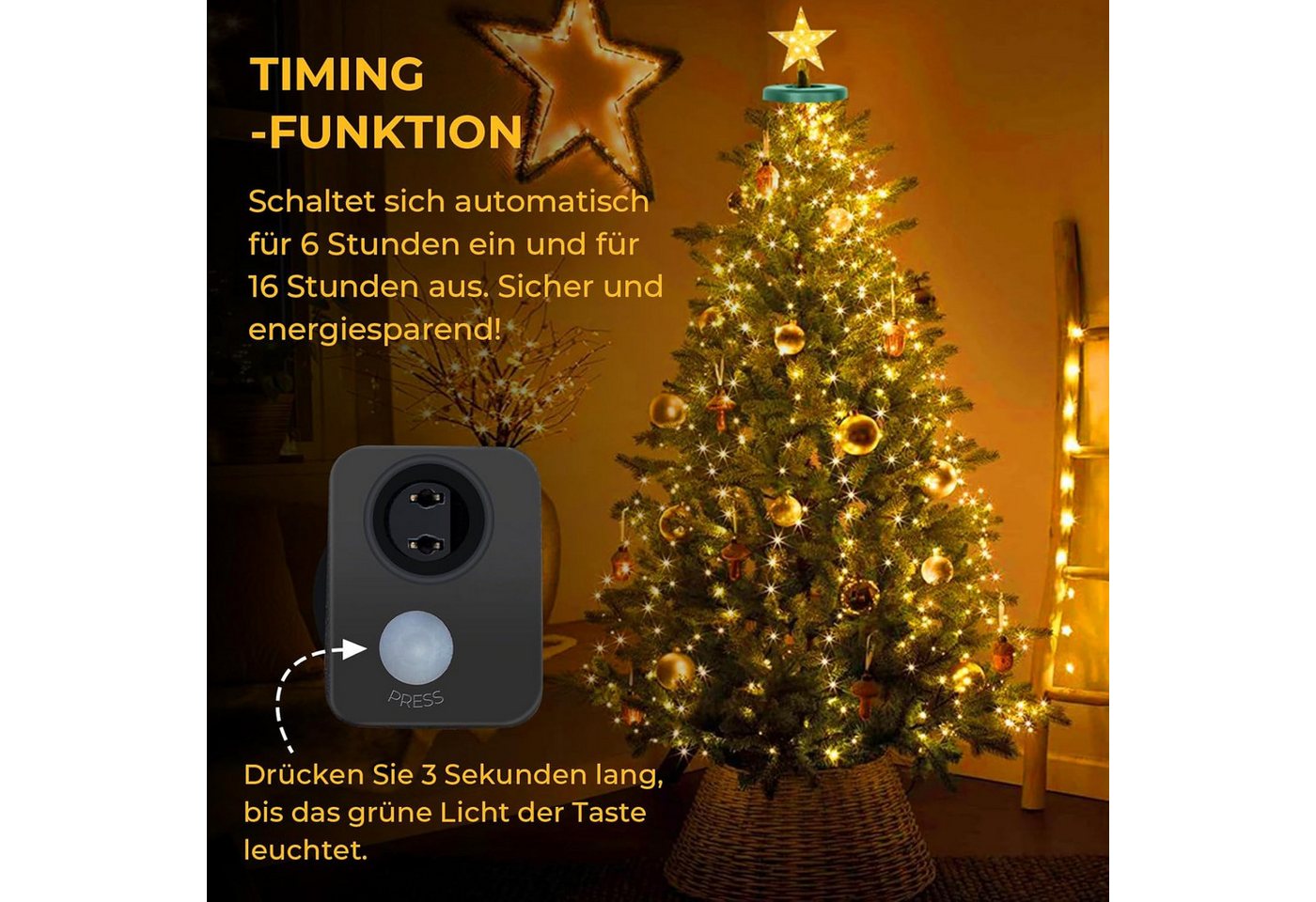SERBASIC Lichterkette Christbaumbeleuchtung mit Ring und Stern, 2M/3M, 8 Modi,Timer, Warmweiß LEDs Lichterkette Überwurf für Inne&Außen Weihnachtsbaum Bild 3