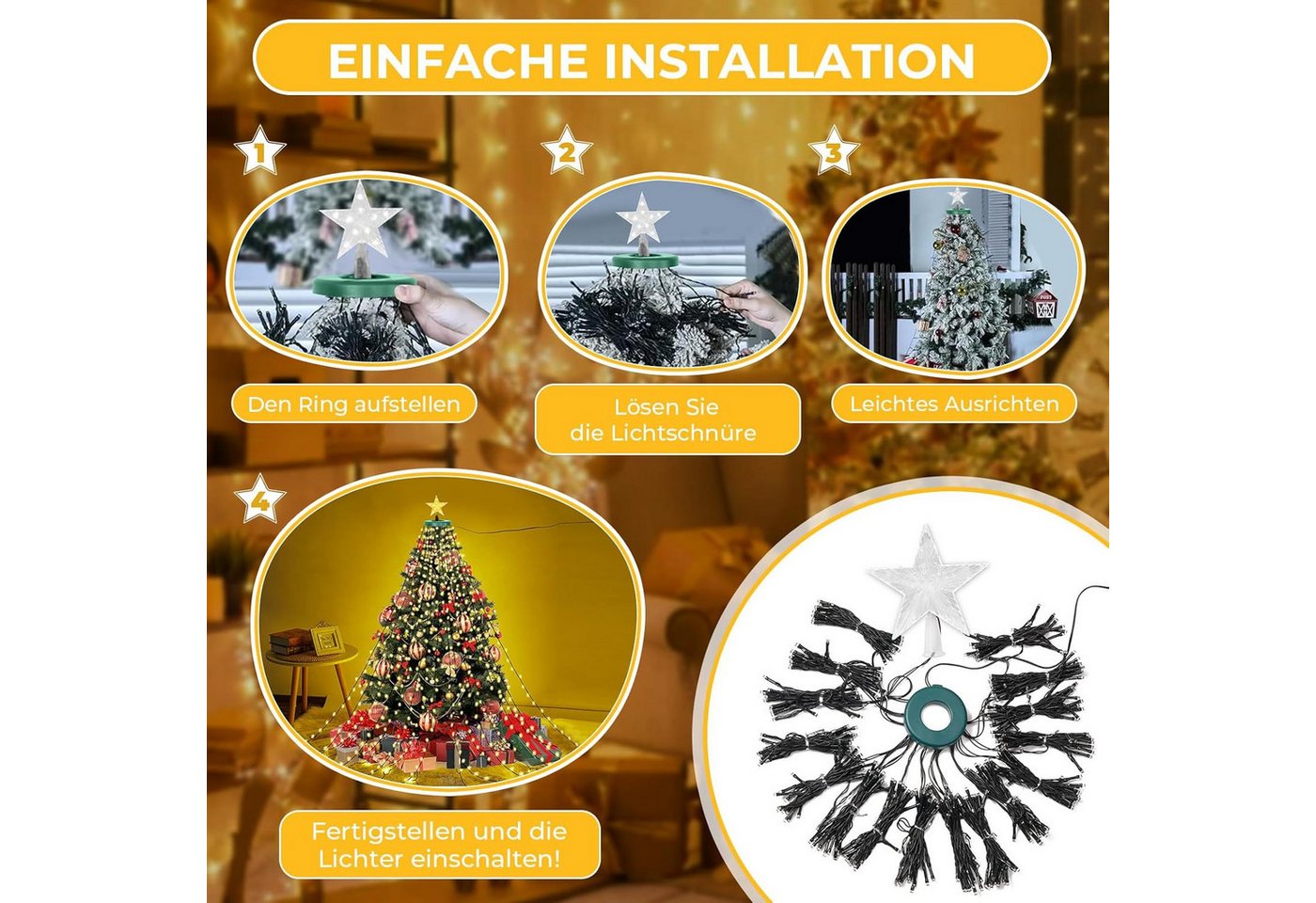 SERBASIC Lichterkette Christbaumbeleuchtung mit Ring und Stern, 2M/3M, 8 Modi,Timer, Warmweiß LEDs Lichterkette Überwurf für Inne&Außen Weihnachtsbaum Bild 4