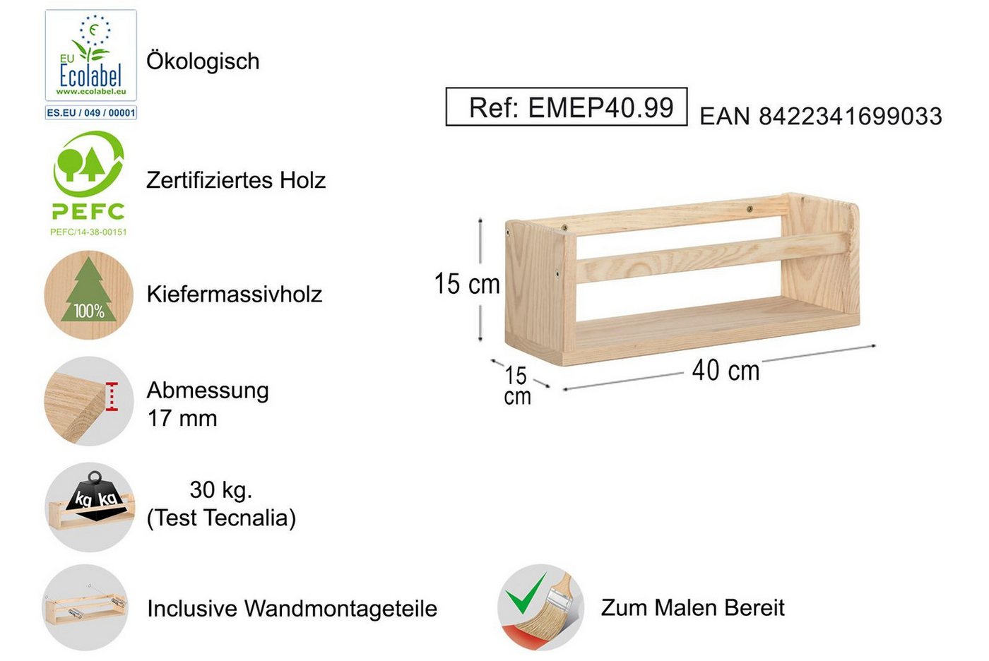 Astigarraga Kit Line Wandregal Gewürzregal Küchenregal Wandregal Holzregal mit Holzstrebe, Gewürzregal zur Wandmontage, 15 x 40 x 15 cm Bild 3