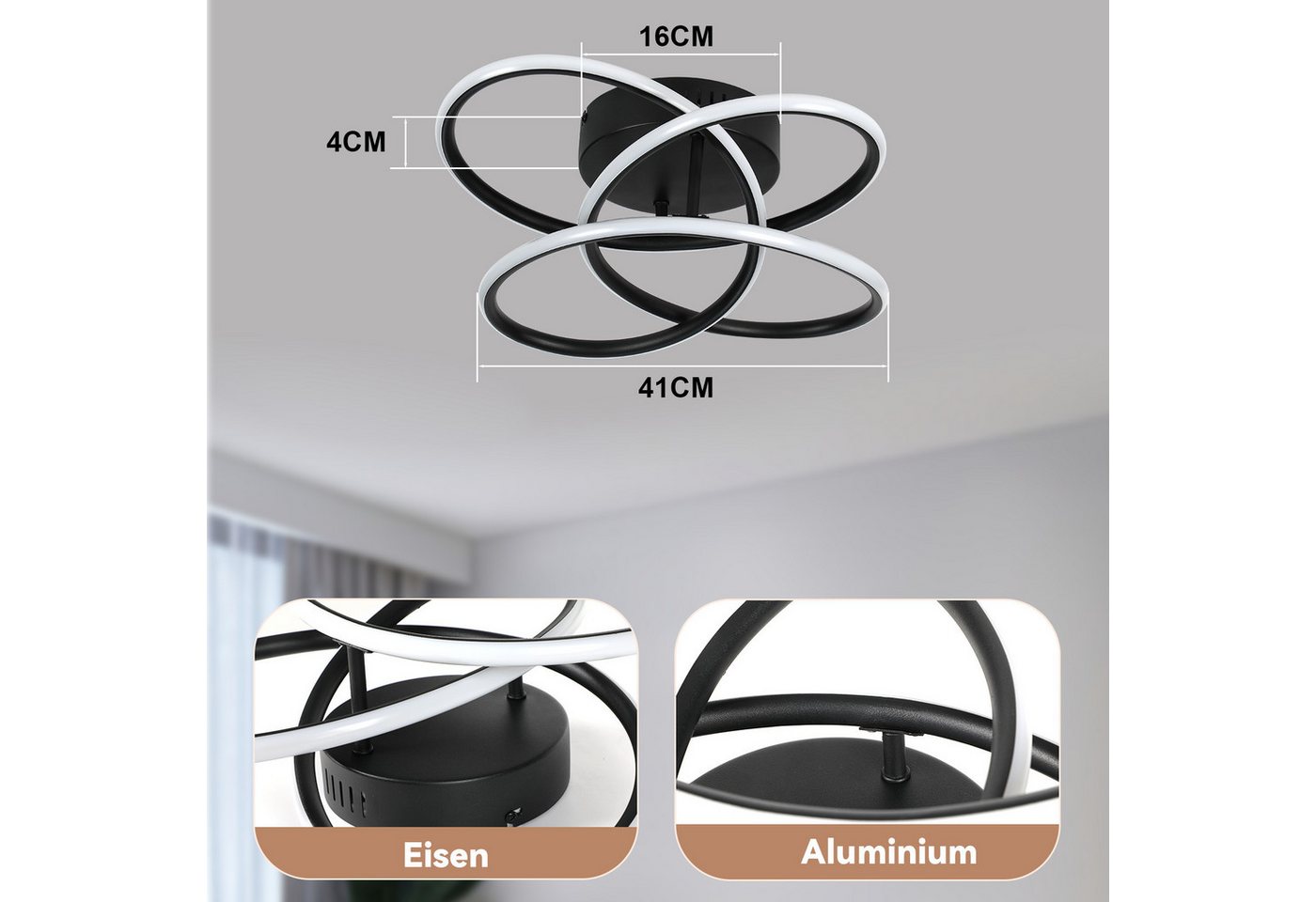 Nettlife LED Deckenleuchte LED Deckenleuchte Flur Schwarz Modern Dimmbar, Dimmbar, LED fest integriert, Deckenbeleuchtung für Küche Schlafzimmer Wohnzimmer Büro Bild 2