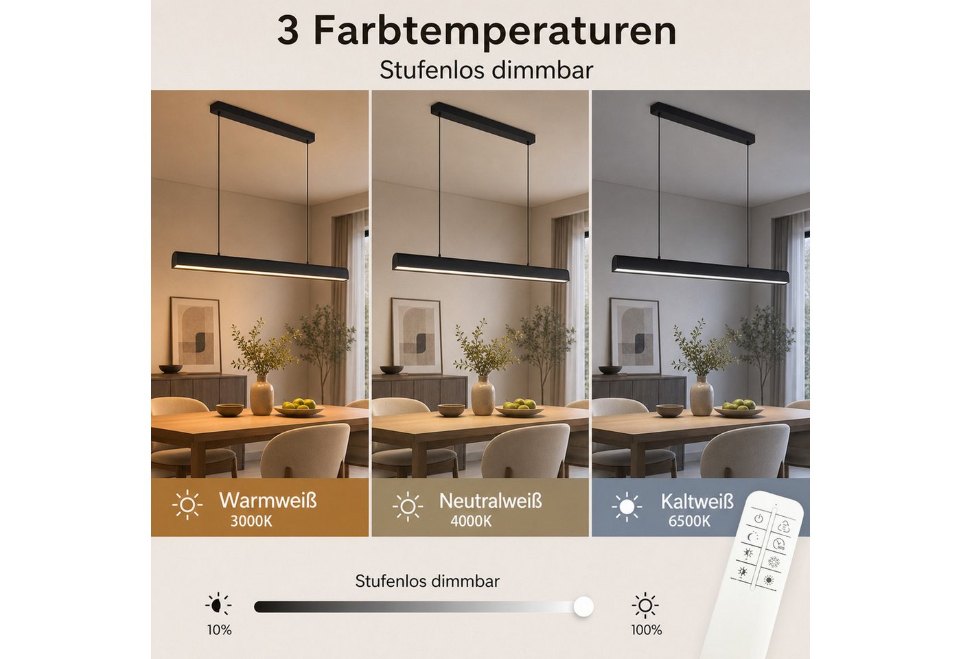 Nettlife LED Pendelleuchte Schwarz Modern Esszimmer Dimmbar Fernbedienung 106cm 34W, LED fest integriert, Dimmbar, Hängelampe Memory-Funktion für Wohnzimmer Küche Schlafzimmer Büro Bild 2