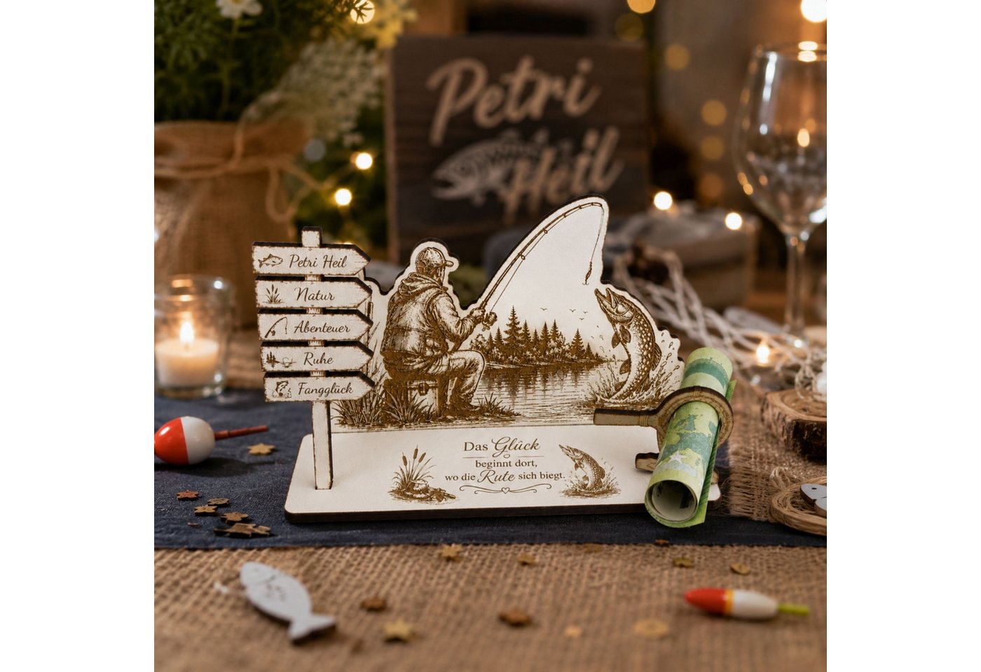 Dekolando Geschenkkarte Geldgeschenk Angler aus Holz – Geschenk für Angler 15 x 8 cm Bild 3