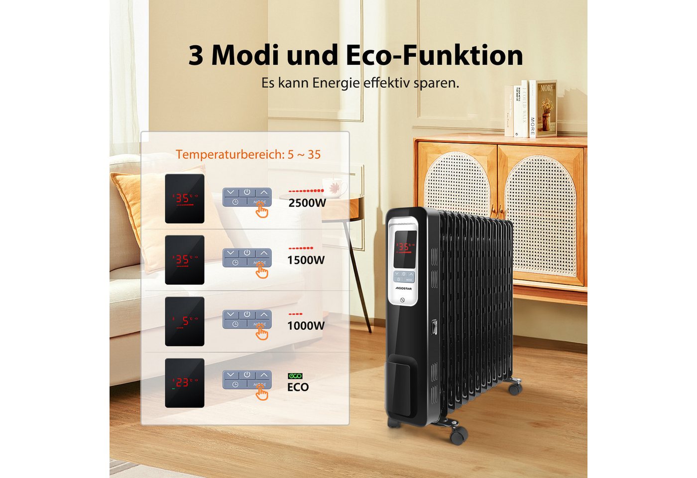 Aigostar Ölradiator 2500W Ölradiator Energiesparender,LCD Elektro Heizkörper mit 13 Rippen, regulierbarer Thermostat Bild 4