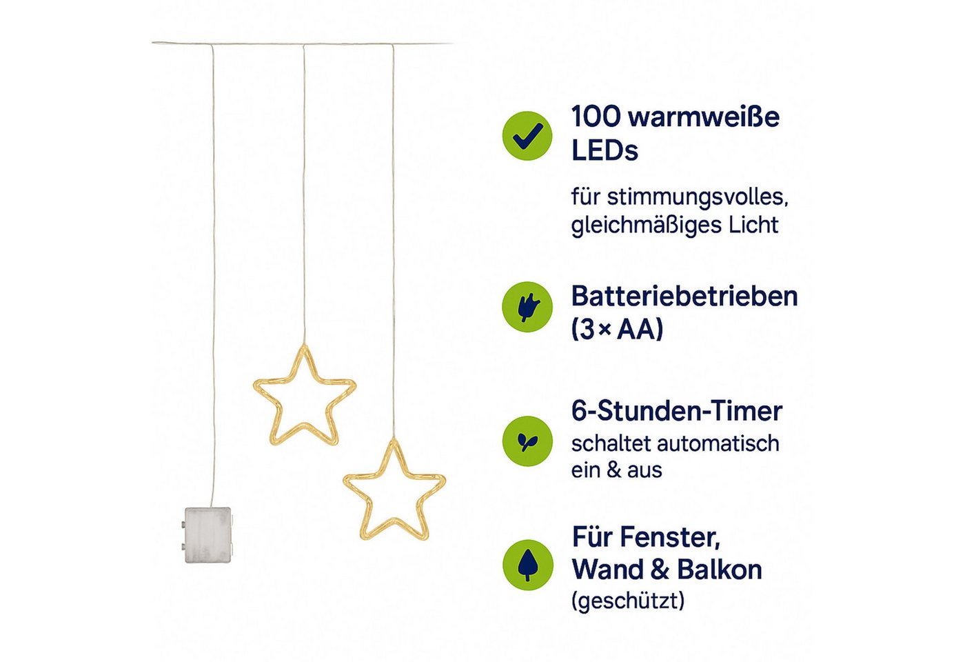 Gravidus LED-Lichtervorhang LED Sternenvorhang warmweiß 100 LEDs Batteriebetrieb Timer 100x65cm Bild 3
