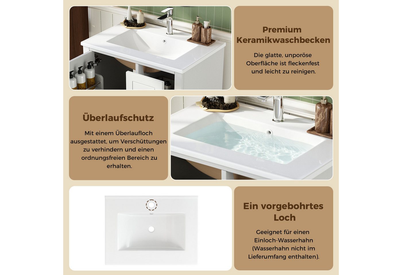 Merax Waschtisch mit Waschbecken, Waschbeckenunterschrank Freistehend, Hochglanz (Badmöbel-Set ohne Armatur, 61 × 47 × 86 cm, 1-St), Badezimmerschrank mit 3 Schubladen, Einzeltür & Stauraum Bild 2