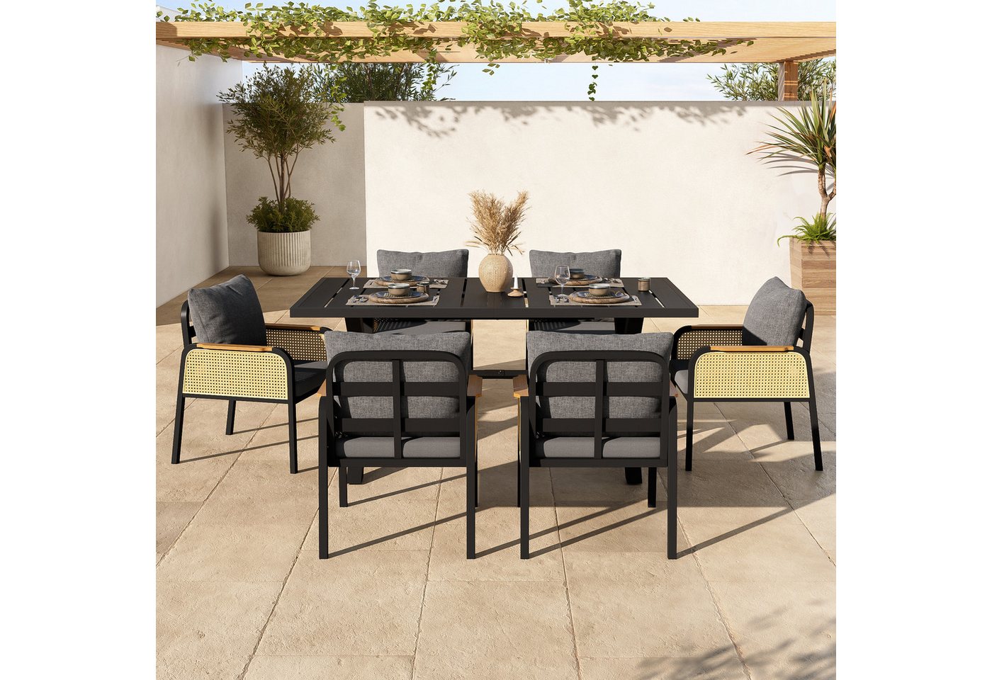 Flieks Gartenlounge-Set, 6-Sitzer Gartenmöbel Essgruppe aus PE-Rattan mit Kunstholz-Tischplatte