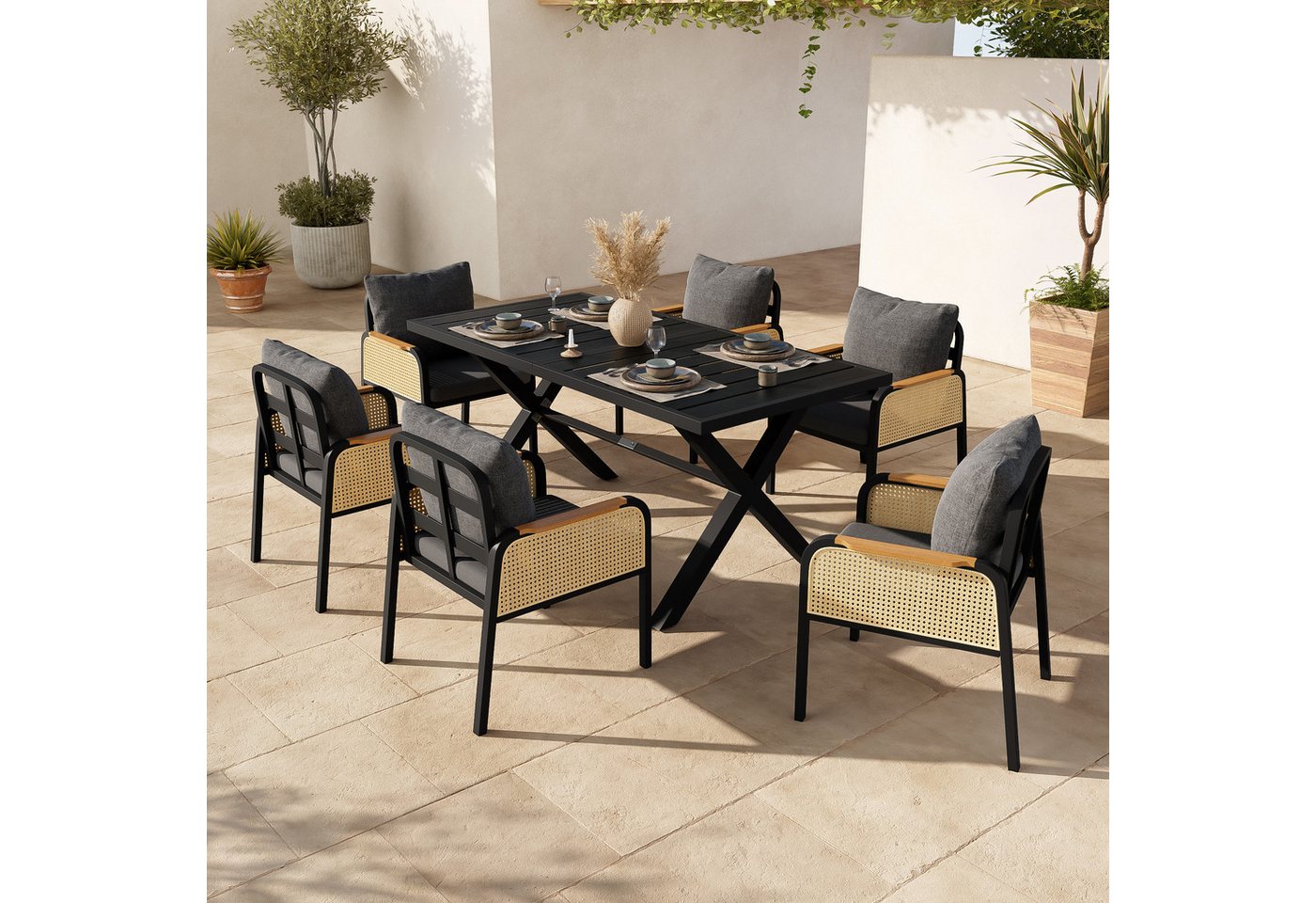 Flieks Gartenlounge-Set, 6-Sitzer Gartenmöbel Essgruppe aus PE-Rattan mit Kunstholz-Tischplatte Bild 2