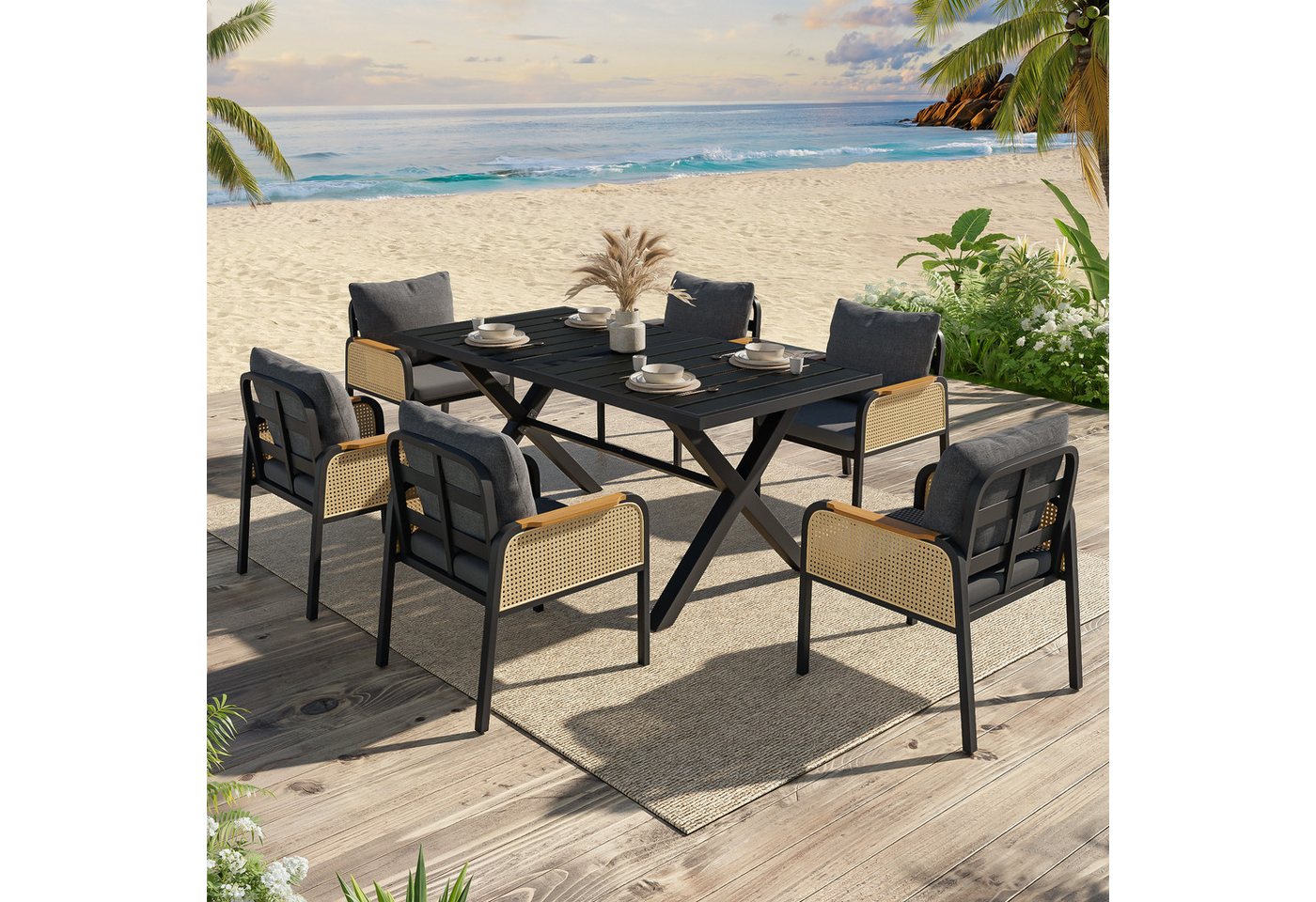 Flieks Gartenlounge-Set, 6-Sitzer Gartenmöbel Essgruppe aus PE-Rattan mit Kunstholz-Tischplatte Bild 3