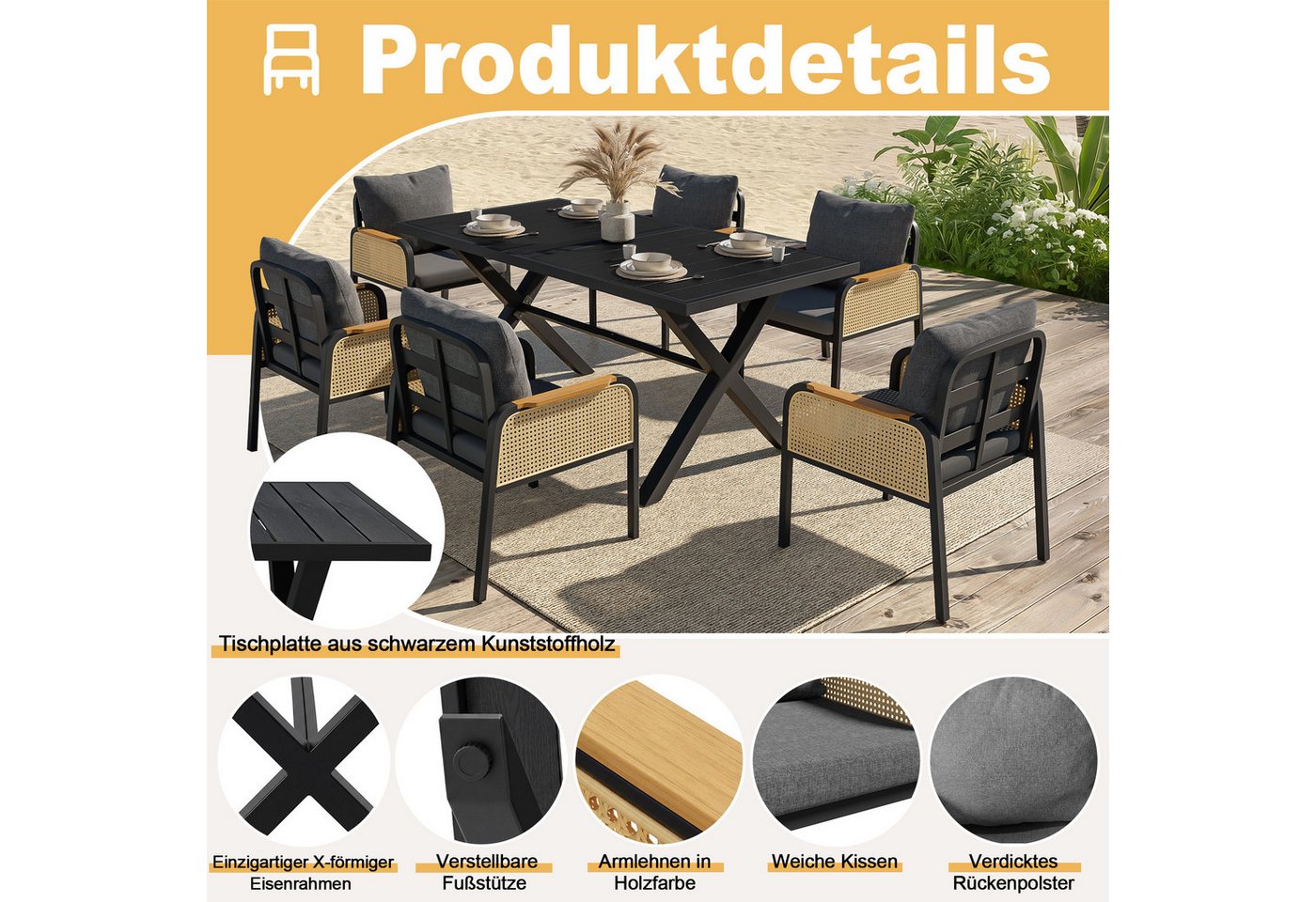 Flieks Gartenlounge-Set, 6-Sitzer Gartenmöbel Essgruppe aus PE-Rattan mit Kunstholz-Tischplatte Bild 4