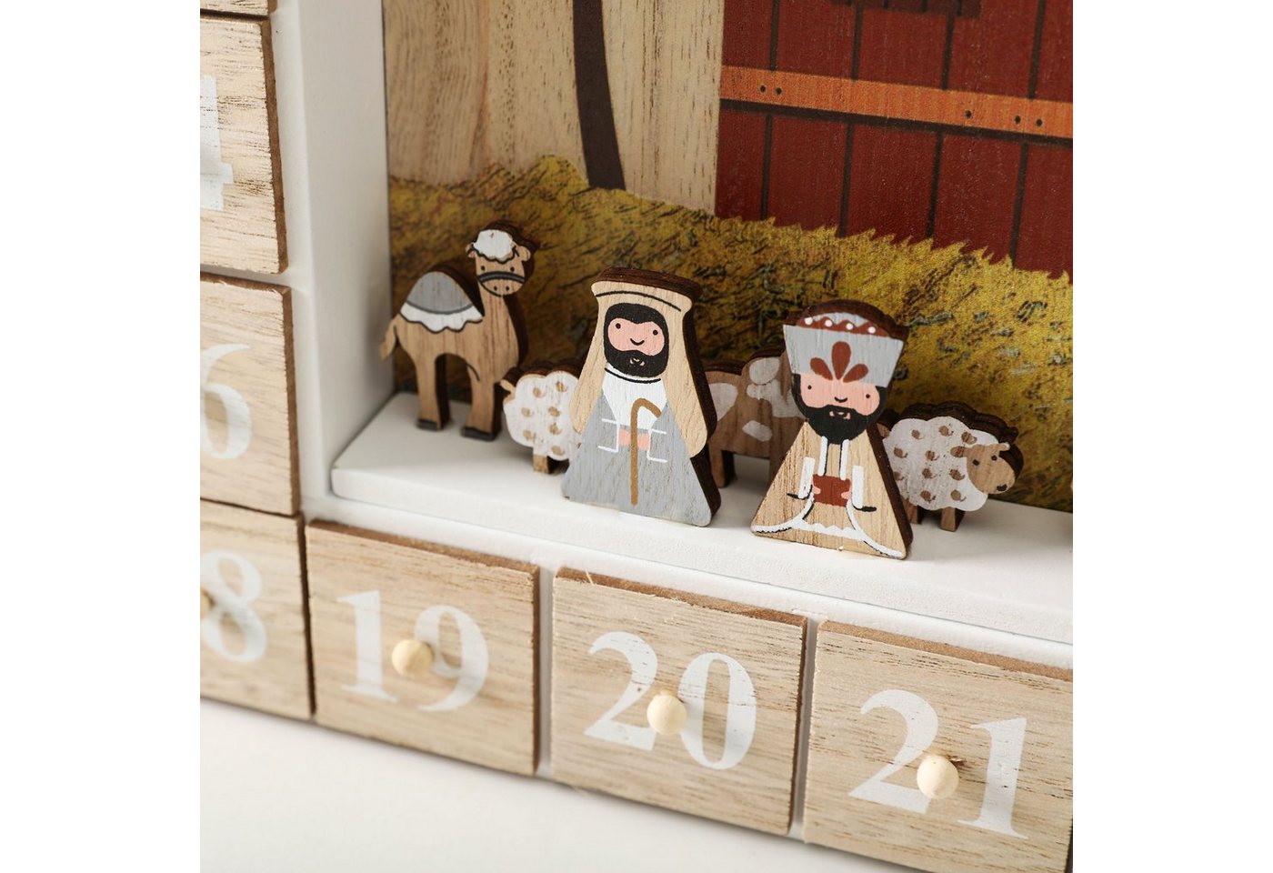 BRUBAKER befüllbarer Adventskalender Weihnachtskalender zum Befüllen - Bibelgeschichte mit LED Beleuchtung, Holz Kalender Weihnachten Krippe - 31,5 cm