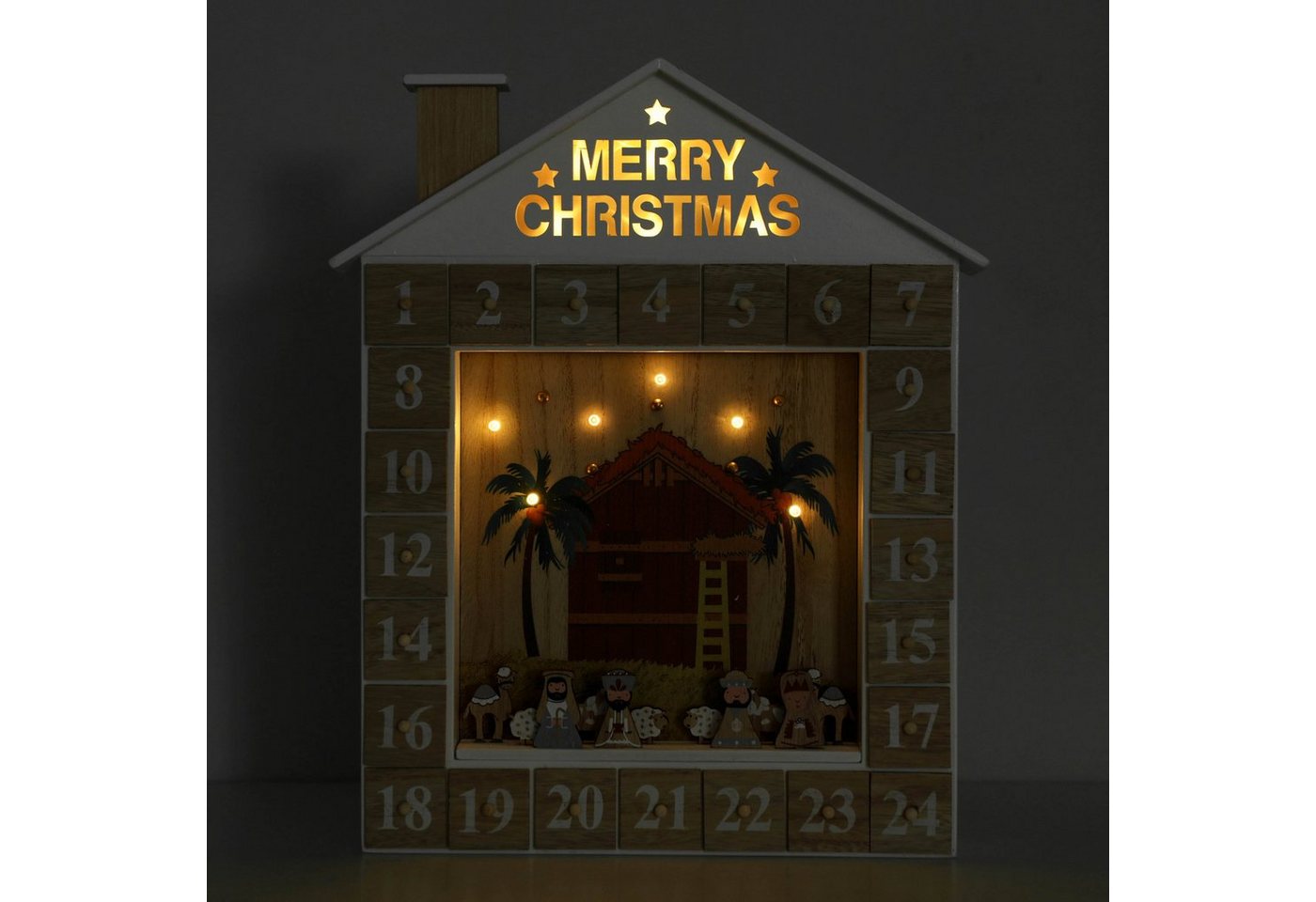 BRUBAKER befüllbarer Adventskalender Weihnachtskalender zum Befüllen - Bibelgeschichte mit LED Beleuchtung, Holz Kalender Weihnachten Krippe - 31,5 cm Bild 3