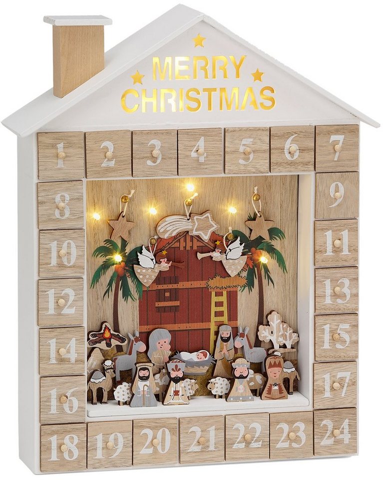 BRUBAKER befüllbarer Adventskalender Weihnachtskalender zum Befüllen - Bibelgeschichte mit LED Beleuchtung, Holz Kalender Weihnachten Krippe - 31,5 cm Bild 4