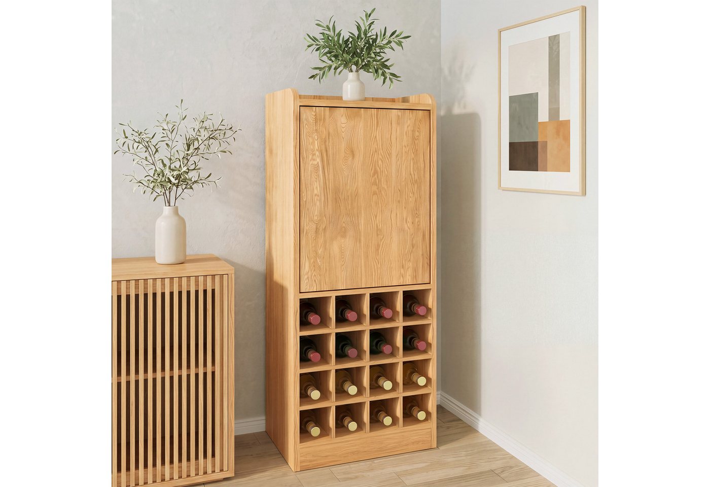 OYRREU Weinregal Flaschenregal mit Schrank, OTTO’S CHOICE, Weinständer 1-tlg. Holzregal 38,8x24,5x96cm, horizontal Weinlagerung 16 Flaschen, Weinflaschenregal viel Stauraum, Holzoptik, Keller Küche Schrank Bild 4