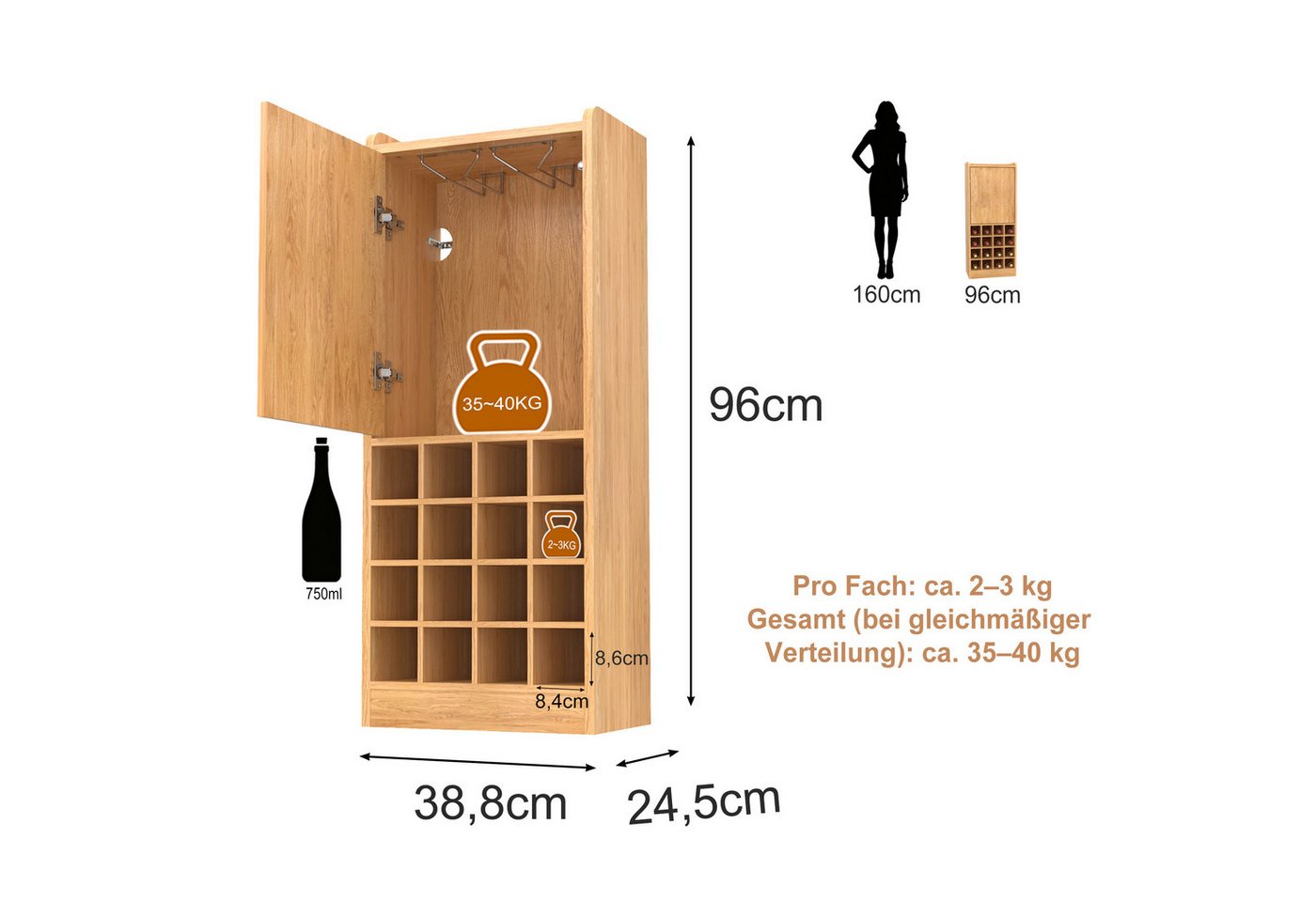 OYRREU Weinregal Flaschenregal mit Schrank, OTTO’S CHOICE, Weinständer 1-tlg. Holzregal 38,8x24,5x96cm, horizontal Weinlagerung 16 Flaschen, Weinflaschenregal viel Stauraum, Holzoptik, Keller Küche Schrank Bild 5