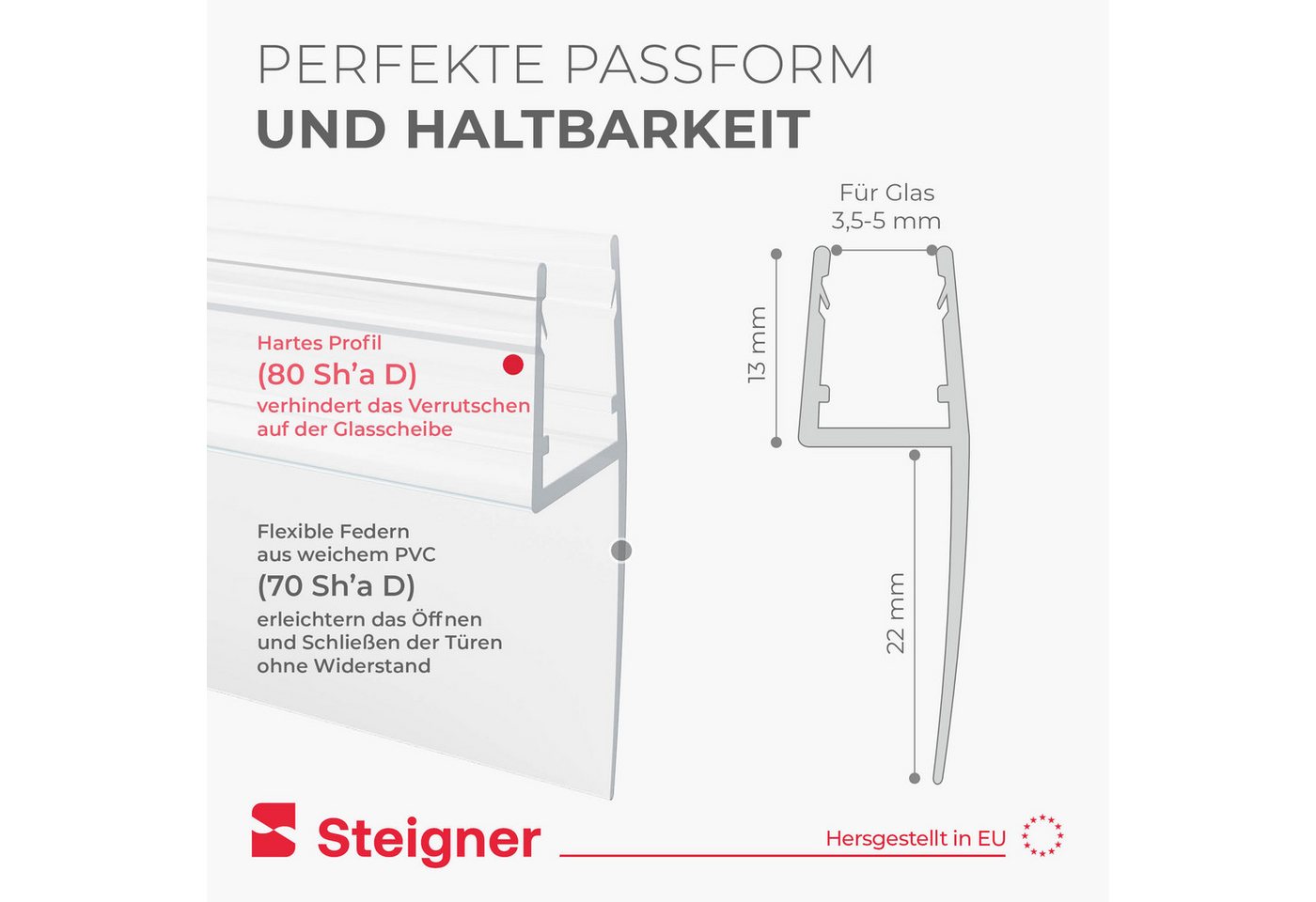 STEIGNER Duschdichtung Duschdichtung gebogen 30 cm UK04 (1 Stk) Transparent 3,5-5 mm, L: 30 cm, (1 Stück Packung, Einzeldichtung), Dichtung für Runddusche oder Duschkabine Viertelkreis mit Duschtür