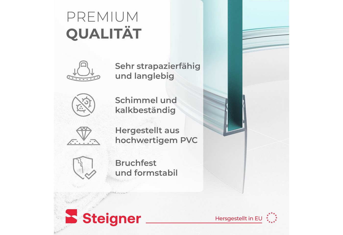 STEIGNER Duschdichtung Duschdichtung gebogen 30 cm UK04 (1 Stk) Transparent 3,5-5 mm, L: 30 cm, (1 Stück Packung, Einzeldichtung), Dichtung für Runddusche oder Duschkabine Viertelkreis mit Duschtür Bild 3