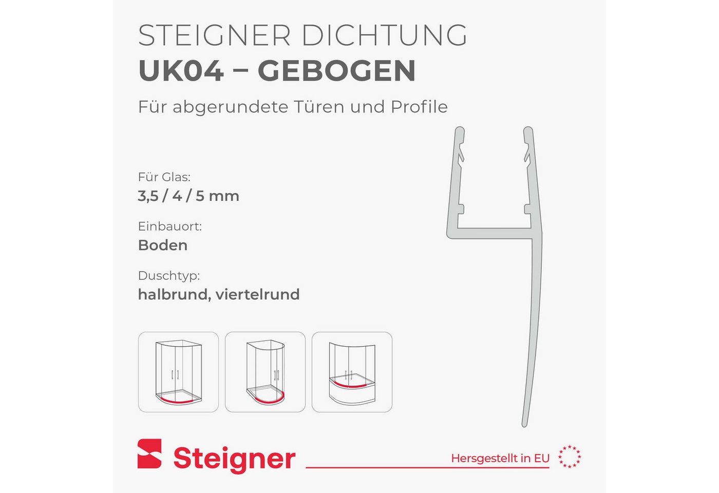 STEIGNER Duschdichtung Duschdichtung gebogen 30 cm UK04 (1 Stk) Transparent 3,5-5 mm, L: 30 cm, (1 Stück Packung, Einzeldichtung), Dichtung für Runddusche oder Duschkabine Viertelkreis mit Duschtür Bild 4