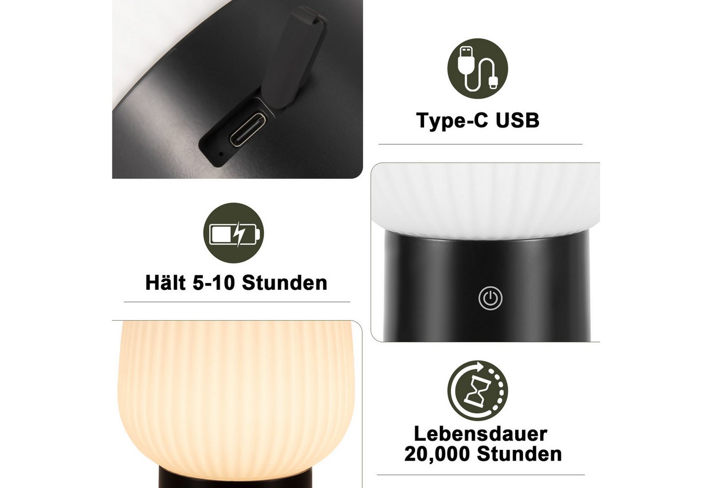 ZMH LED Tischleuchte aus Glas, kabellose Akku-Tischlampe mit Touch-Dimmer, 3 Lichtfarben 3000/4000/6500 K, USB-C, LED fest integriert, Warmweiß, Neutralweiß, Kaltweiß, Nachttischlampe,für Schlafzimmer und Wohnzimmer Bild 2