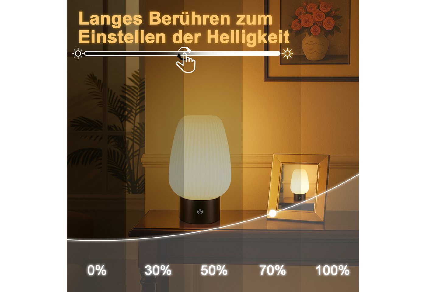 ZMH LED Tischleuchte aus Glas, kabellose Akku-Tischlampe mit Touch-Dimmer, 3 Lichtfarben 3000/4000/6500 K, USB-C, LED fest integriert, Warmweiß, Neutralweiß, Kaltweiß, Nachttischlampe,für Schlafzimmer und Wohnzimmer Bild 3