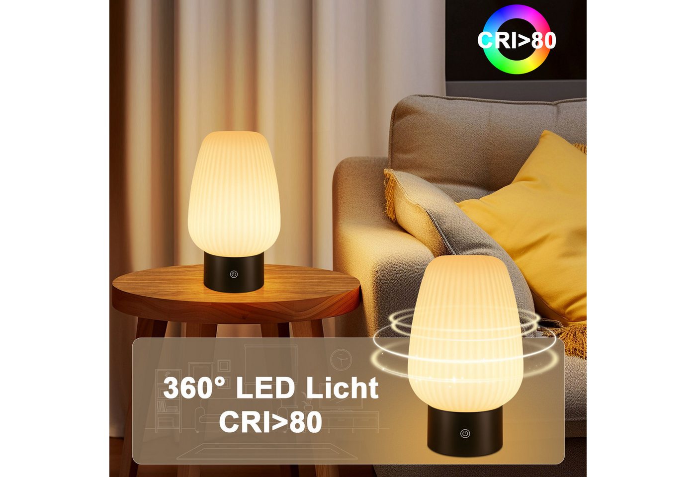 ZMH LED Tischleuchte aus Glas, kabellose Akku-Tischlampe mit Touch-Dimmer, 3 Lichtfarben 3000/4000/6500 K, USB-C, LED fest integriert, Warmweiß, Neutralweiß, Kaltweiß, Nachttischlampe,für Schlafzimmer und Wohnzimmer Bild 4