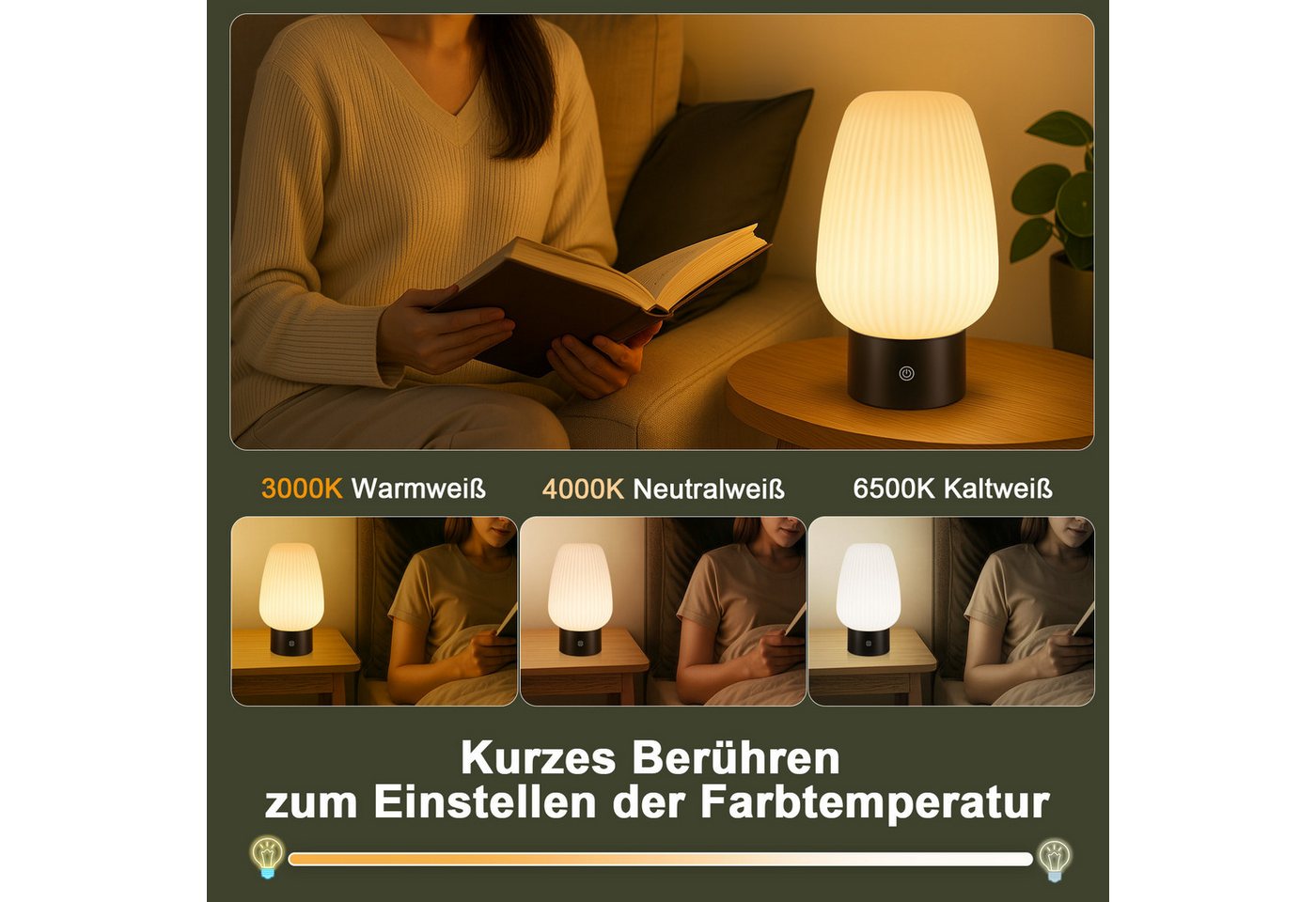 ZMH LED Tischleuchte aus Glas, kabellose Akku-Tischlampe mit Touch-Dimmer, 3 Lichtfarben 3000/4000/6500 K, USB-C, LED fest integriert, Warmweiß, Neutralweiß, Kaltweiß, Nachttischlampe,für Schlafzimmer und Wohnzimmer Bild 5