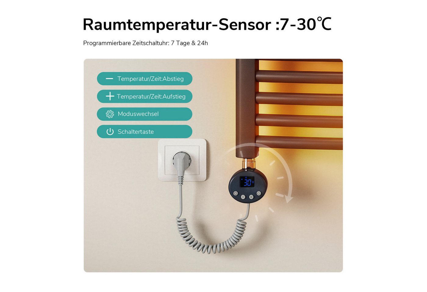EMKE Elektrischer Badheizkörper mit Wifi APP Steuerung Thermostat, 4 Heizmodi, 7-Tage-Timer, Boost & Frostschutz Gebogener Handtuchwärmer Bild 2
