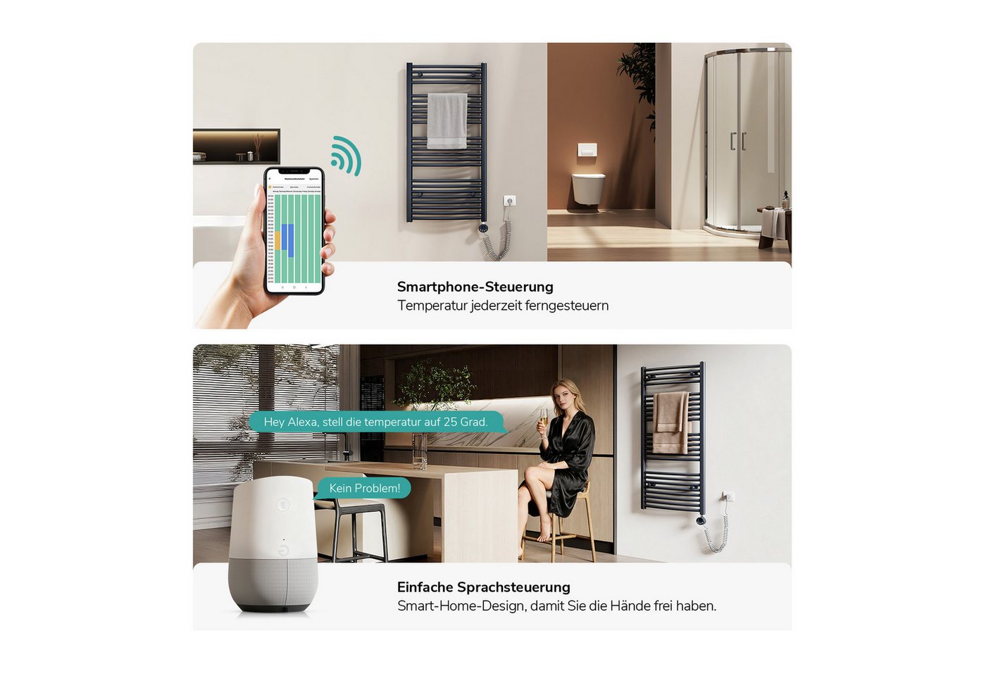 EMKE Elektrischer Badheizkörper mit Wifi APP Steuerung Thermostat, 4 Heizmodi, 7-Tage-Timer, Boost & Frostschutz Gebogener Handtuchwärmer Bild 4