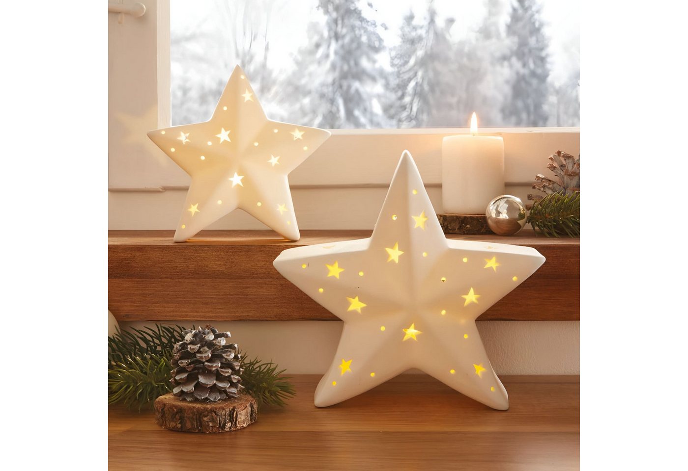 Dekoleidenschaft LED Dekofigur Stern "White" Porzellan, weiß, Leuchtsterne, Weihnachtsdeko Leuchtdeko, beleuchtet, Winterdeko im 2er Set, Ø 12 + 15 cm Bild 2