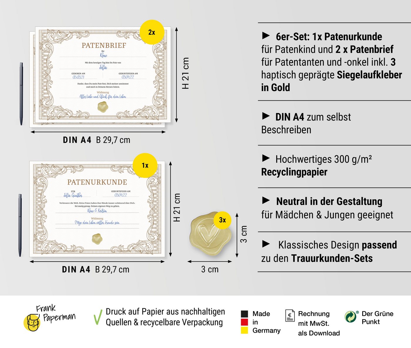 Frank Paperman Taufkarte Patenbrief Taufpaten, Urkunden Set, Goldsiegel, Patenkind klassisch, Paten, 100 % Recyclingpapier, Erinnerung Taufe, Geschenk Geburt Bild 3
