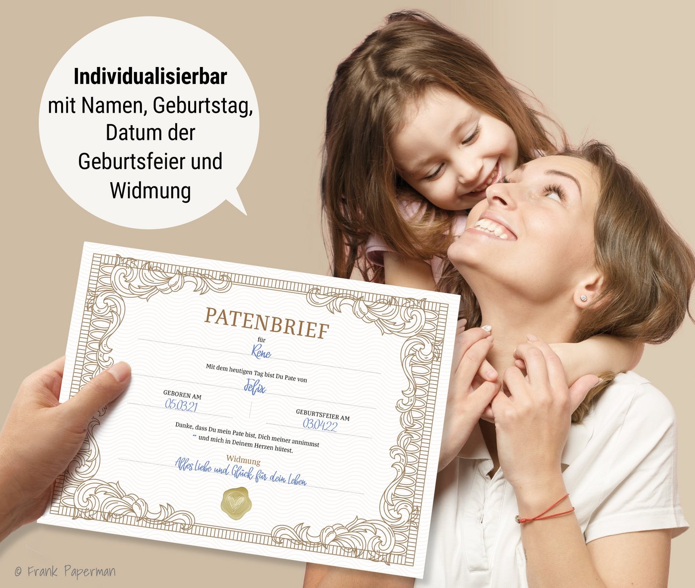 Frank Paperman Taufkarte Patenbrief Taufpaten, Urkunden Set, Goldsiegel, Patenkind klassisch, Paten, 100 % Recyclingpapier, Erinnerung Taufe, Geschenk Geburt Bild 5