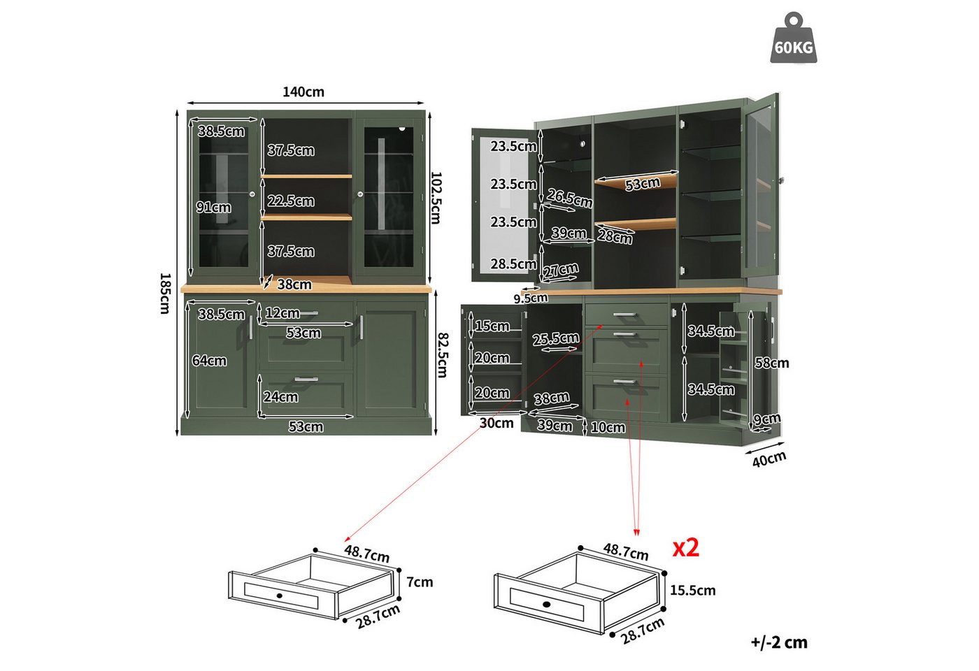 Celya Küchenbuffet Küchenschrank mit App-gesteuerter LED-Beleuchtung (140x40x185cm, 3 Schubladen, Arbeitsplatte, verstellbare Böden) Passt als Küchenvorratsschrank, Kaffeebar oder Wohnzimmersideboard