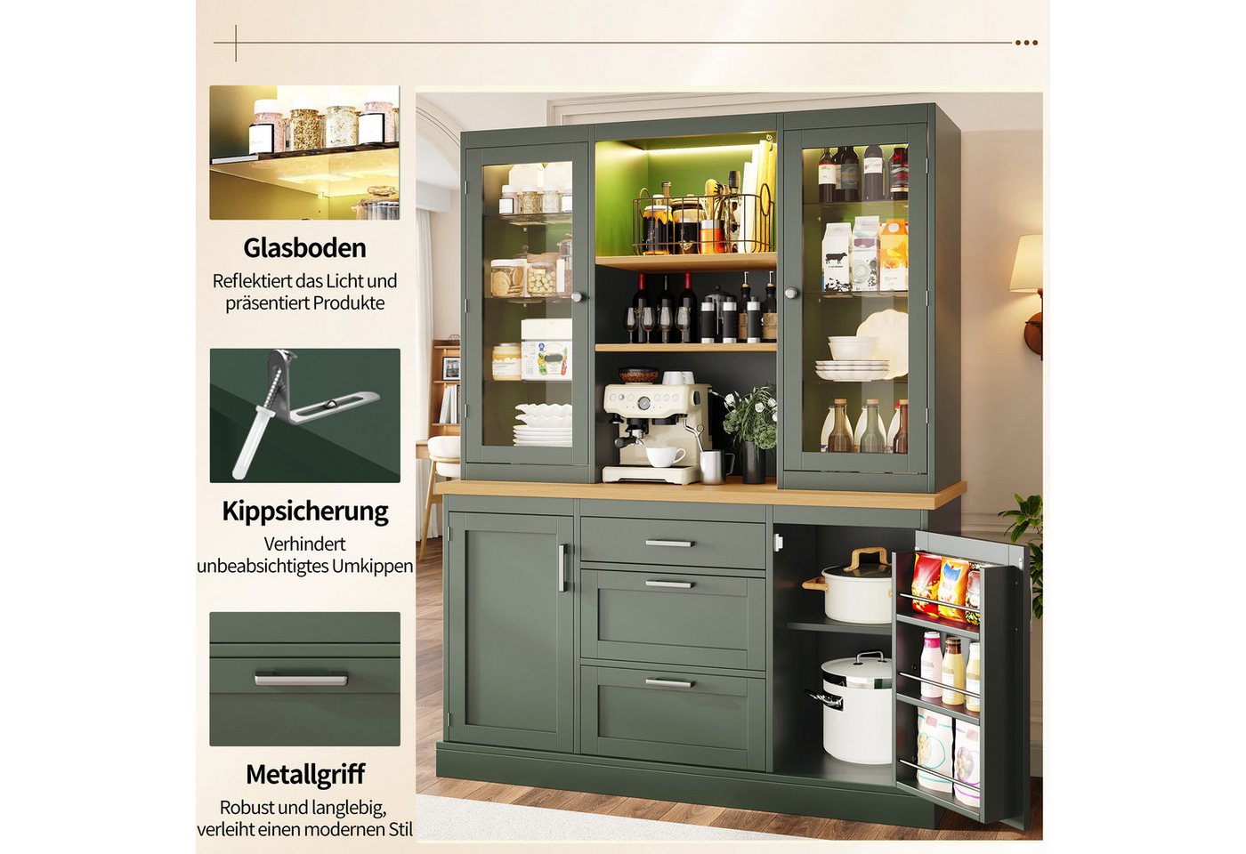 Celya Küchenbuffet Küchenschrank mit App-gesteuerter LED-Beleuchtung (140x40x185cm, 3 Schubladen, Arbeitsplatte, verstellbare Böden) Passt als Küchenvorratsschrank, Kaffeebar oder Wohnzimmersideboard Bild 2