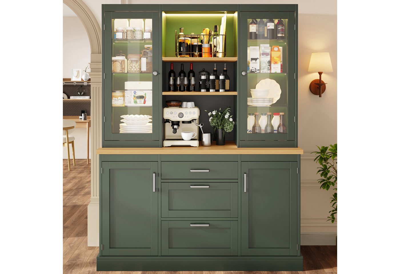 Celya Küchenbuffet Küchenschrank mit App-gesteuerter LED-Beleuchtung (140x40x185cm, 3 Schubladen, Arbeitsplatte, verstellbare Böden) Passt als Küchenvorratsschrank, Kaffeebar oder Wohnzimmersideboard Bild 3