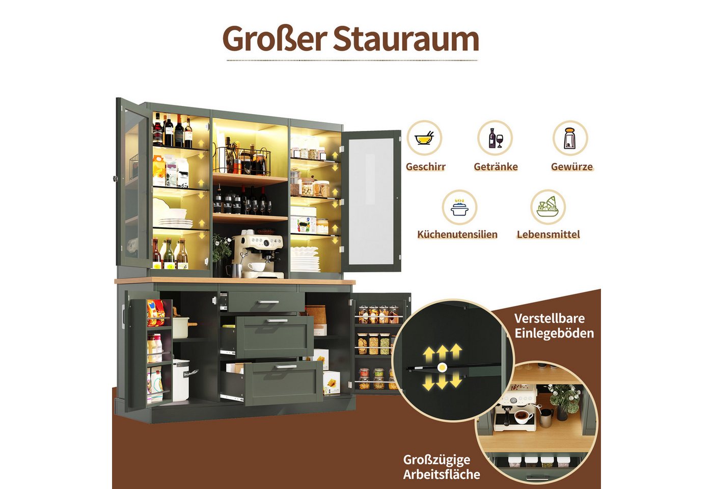 Celya Küchenbuffet Küchenschrank mit App-gesteuerter LED-Beleuchtung (140x40x185cm, 3 Schubladen, Arbeitsplatte, verstellbare Böden) Passt als Küchenvorratsschrank, Kaffeebar oder Wohnzimmersideboard Bild 4