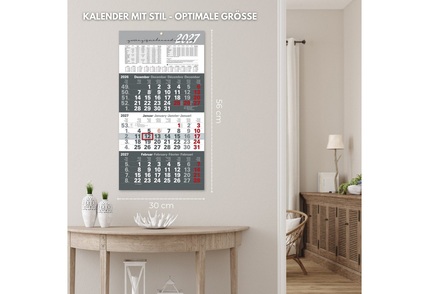 Kamber Office Wandkalender 3 Monatskalender 2027 mit Schieber Büro Kalender, Großer Kalender 2027, Dreimonatskalender 2027 groß mit Datumsschieber Jahreskalender-2027
