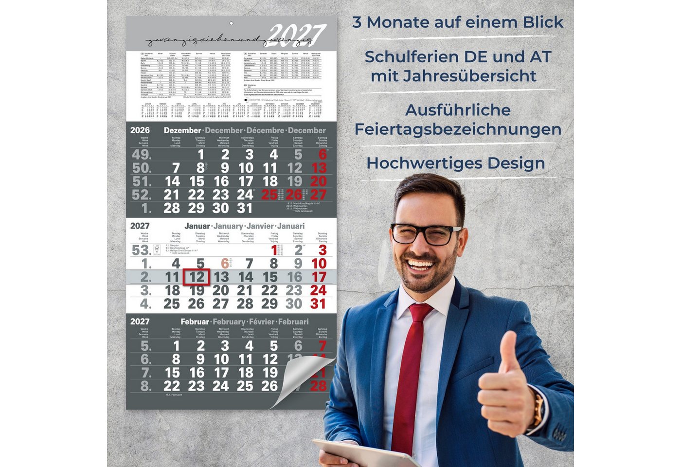 Kamber Office Wandkalender 3 Monatskalender 2027 mit Schieber Büro Kalender, Großer Kalender 2027, Dreimonatskalender 2027 groß mit Datumsschieber Jahreskalender-2027 Bild 2