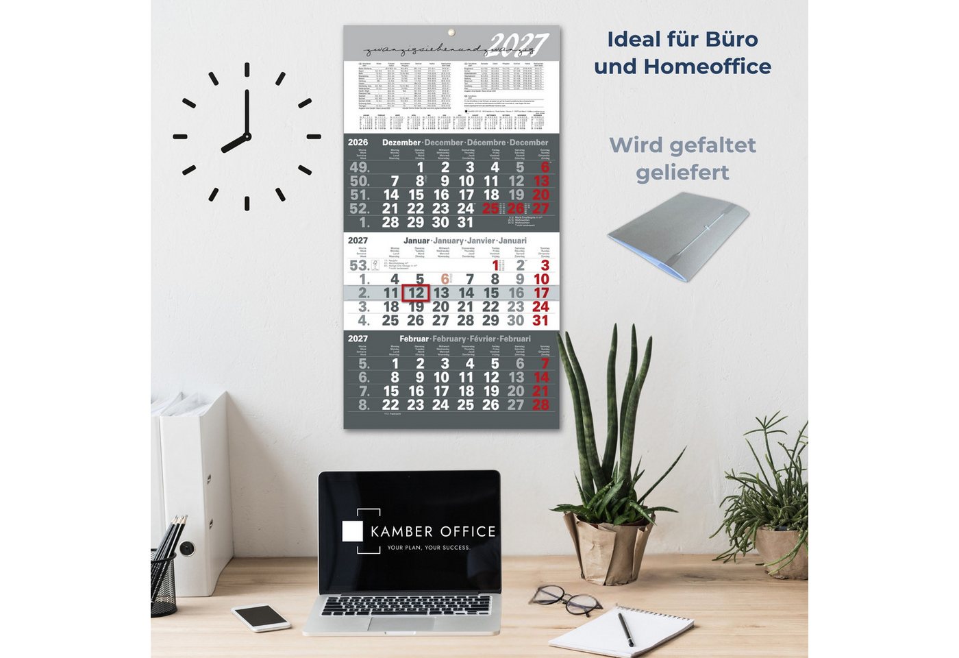 Kamber Office Wandkalender 3 Monatskalender 2027 mit Schieber Büro Kalender, Großer Kalender 2027, Dreimonatskalender 2027 groß mit Datumsschieber Jahreskalender-2027 Bild 3