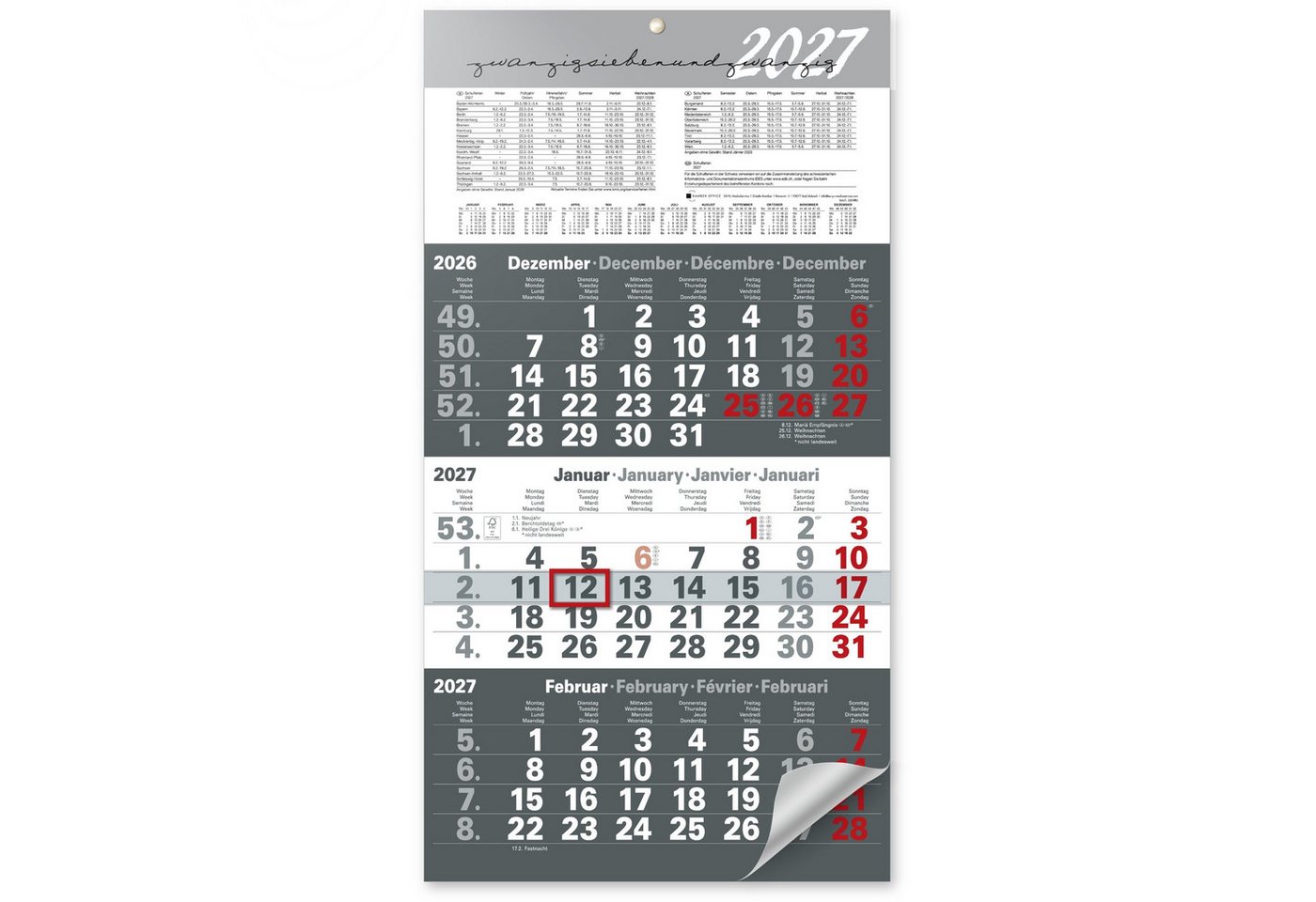 Kamber Office Wandkalender 3 Monatskalender 2027 mit Schieber Büro Kalender, Großer Kalender 2027, Dreimonatskalender 2027 groß mit Datumsschieber Jahreskalender-2027 Bild 4