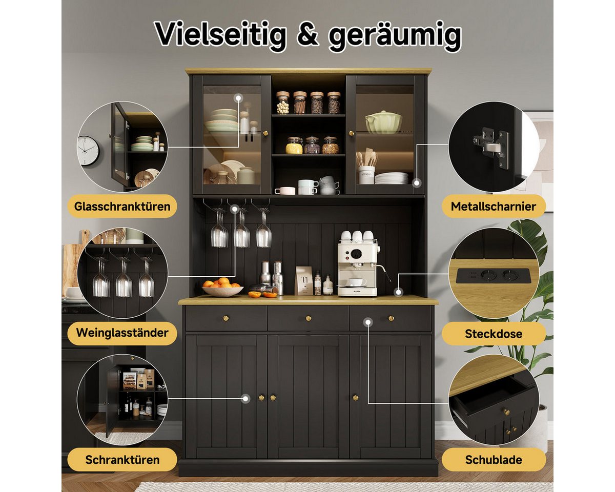 Odikalo Küchenbuffet Küchenschrank Buffetschrank mit USB, Glastüren, Gläserhalter (Buffetschränke, Esszimmer-Hochschrank 120×40×191 cm, mit mehrstufigem Stauraum, integrierter Steckdose sowie USB-C- und USB-A-Anschlüssen) 120×40×191 cm