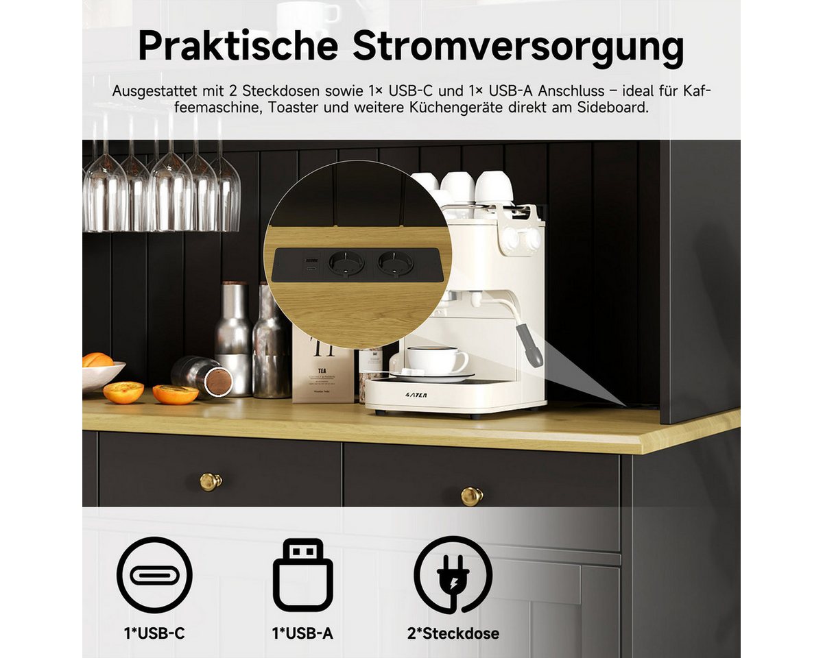 Odikalo Küchenbuffet Küchenschrank Buffetschrank mit USB, Glastüren, Gläserhalter (Buffetschränke, Esszimmer-Hochschrank 120×40×191 cm, mit mehrstufigem Stauraum, integrierter Steckdose sowie USB-C- und USB-A-Anschlüssen) 120×40×191 cm Bild 5