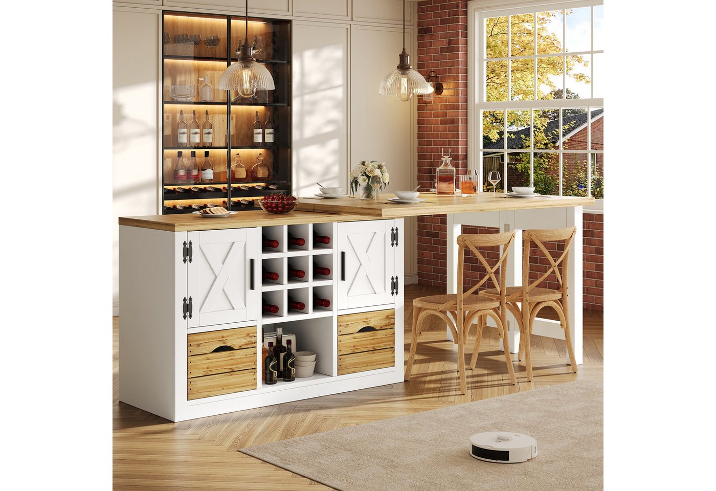 KLAM HOME Kücheninsel Ausziehbarer Kücheninsel-Esstisch Schwarz mit 360° drehbarer Platte, (Multifunktionaler MDF Tisch mit Sideboard & großem Stauraum), Transformierbarer Ess- und Küchentisch bis 197cm ausziehbar