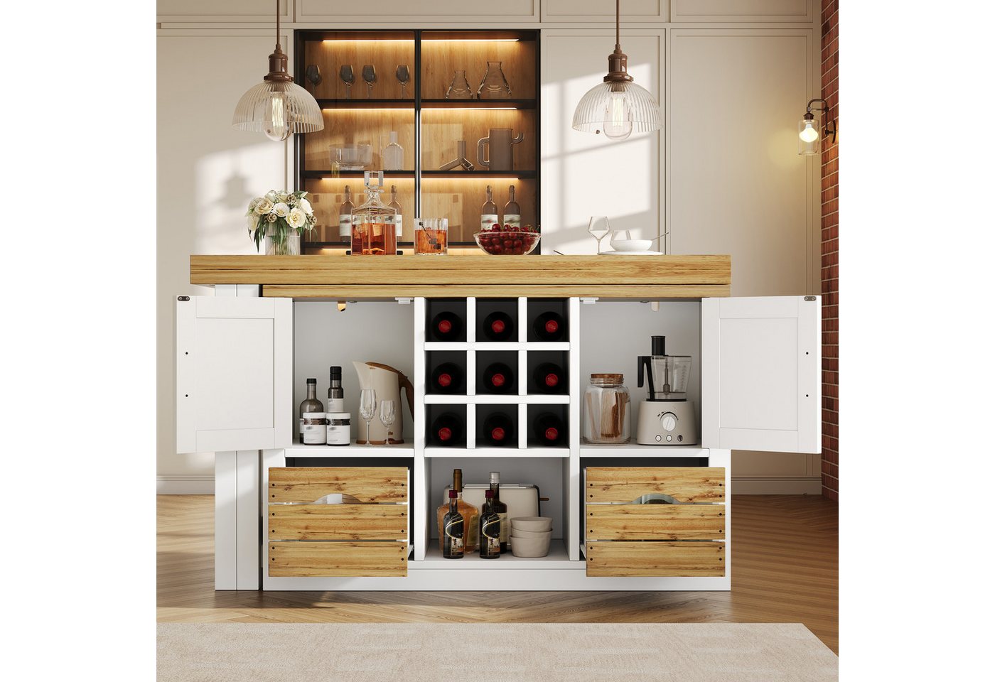 KLAM HOME Kücheninsel Ausziehbarer Kücheninsel-Esstisch Schwarz mit 360° drehbarer Platte, (Multifunktionaler MDF Tisch mit Sideboard & großem Stauraum), Transformierbarer Ess- und Küchentisch bis 197cm ausziehbar Bild 2