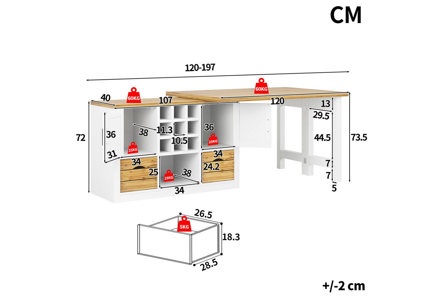 KLAM HOME Kücheninsel Ausziehbarer Kücheninsel-Esstisch Schwarz mit 360° drehbarer Platte, (Multifunktionaler MDF Tisch mit Sideboard & großem Stauraum), Transformierbarer Ess- und Küchentisch bis 197cm ausziehbar Bild 3