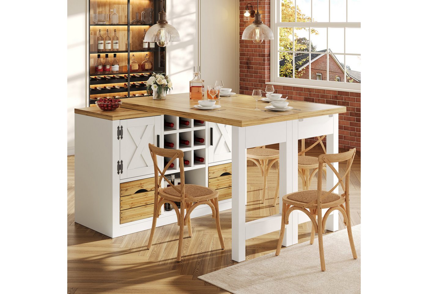 KLAM HOME Kücheninsel Ausziehbarer Kücheninsel-Esstisch Schwarz mit 360° drehbarer Platte, (Multifunktionaler MDF Tisch mit Sideboard & großem Stauraum), Transformierbarer Ess- und Küchentisch bis 197cm ausziehbar Bild 4