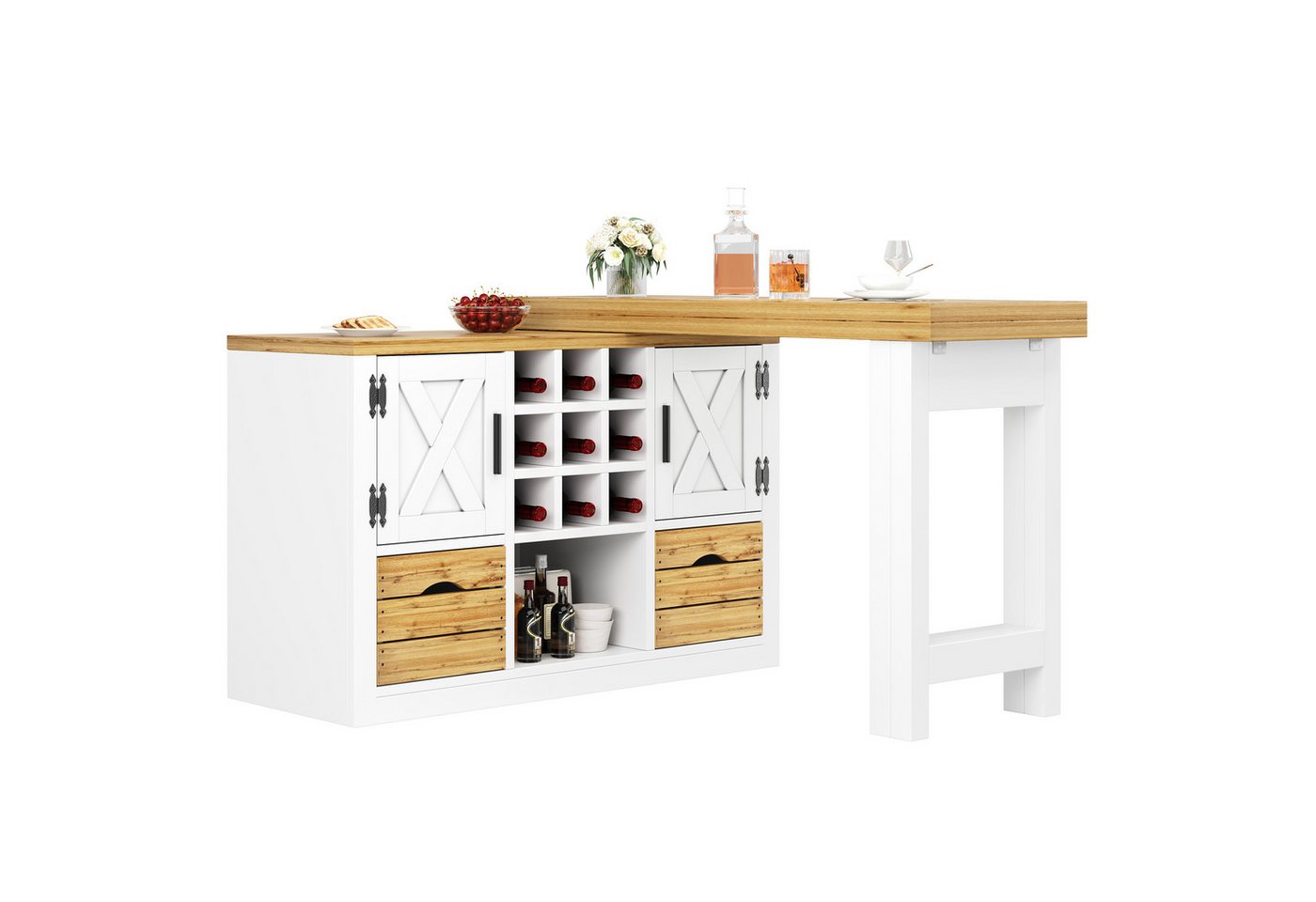 KLAM HOME Kücheninsel Ausziehbarer Kücheninsel-Esstisch Schwarz mit 360° drehbarer Platte, (Multifunktionaler MDF Tisch mit Sideboard & großem Stauraum), Transformierbarer Ess- und Küchentisch bis 197cm ausziehbar Bild 5