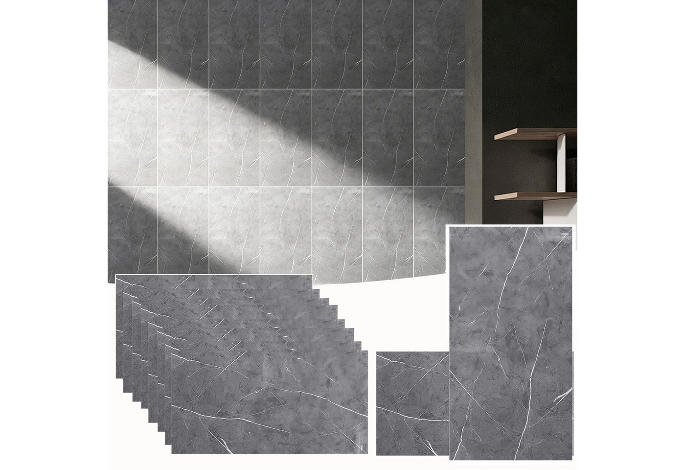 BlingBin Wandpaneel Selbstklebend Wandfliesen PVC Wandpaneel 60 x 30 cm, Marmor Grau, BxL: 30x60 cm, 0,18 qm, (10er Set, 10-tlg., 10 x selbstklebendes PVC-Wandpaneel in Marmor-Grau) Fliesenaufkleber Marmorierung,Wasserfest,Wandverkleidung für Bad Küche Bild 5